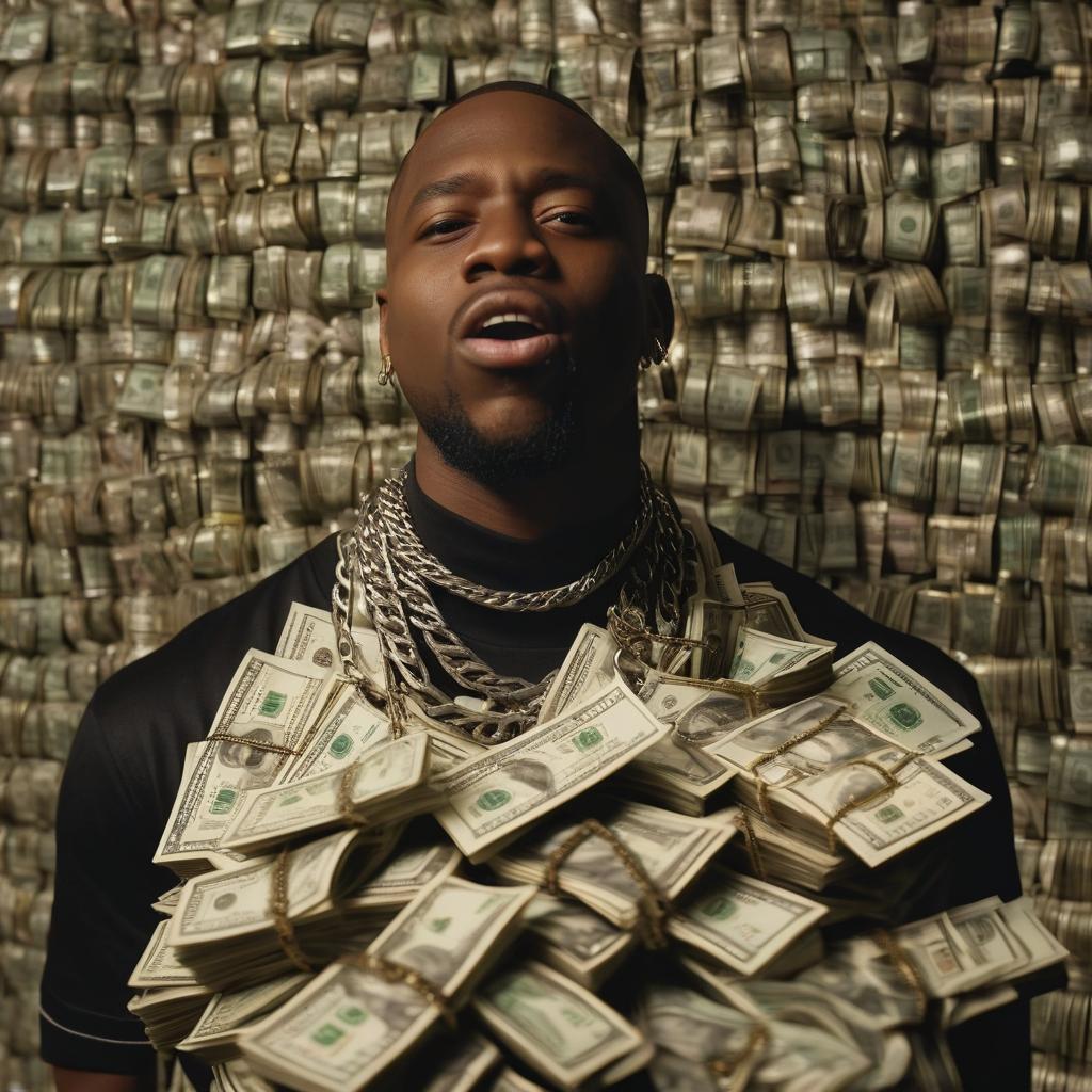  cinematic film still black rapper chain around his neck, behind him a wall of bundles of dollar bills, holding a bundle of money in his mouth, happy. swag . shallow depth of field, vignette, highly detailed, high budget, bokeh, cinemascope, moody, epic, gorgeous, film grain, grainy