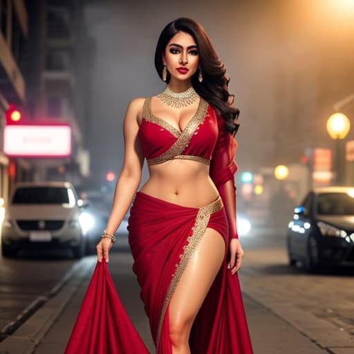  A lady in red saree with curved body on street hyperrealistic, full body, detailed clothing, highly detailed, cinematic lighting, stunningly beautiful, intricate, sharp focus, f/1. 8, 85mm, (centered image composition), (professionally color graded), ((bright soft diffused light)), volumetric fog, trending on instagram, trending on tumblr, HDR 4K, 8K