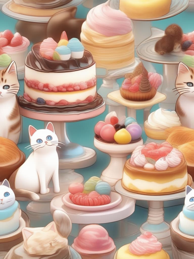  lots of dessert, pastel color, cat cafe, masterpiece, best quality,8k,ultra detailed,high resolution,an extremely delicate and beautiful,hyper detail