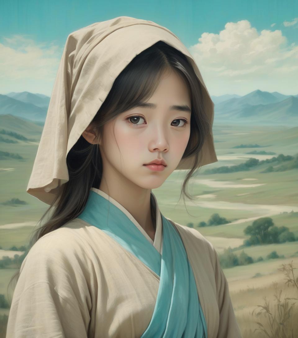  vintage front view portrait of a sad looking young and very cute korean girl, wearing a simple earth colored linen medieval dress and a linen coif, standing in front of vast landscape with a bright turquoise sky, muted earth colors, highly detailed, realistic