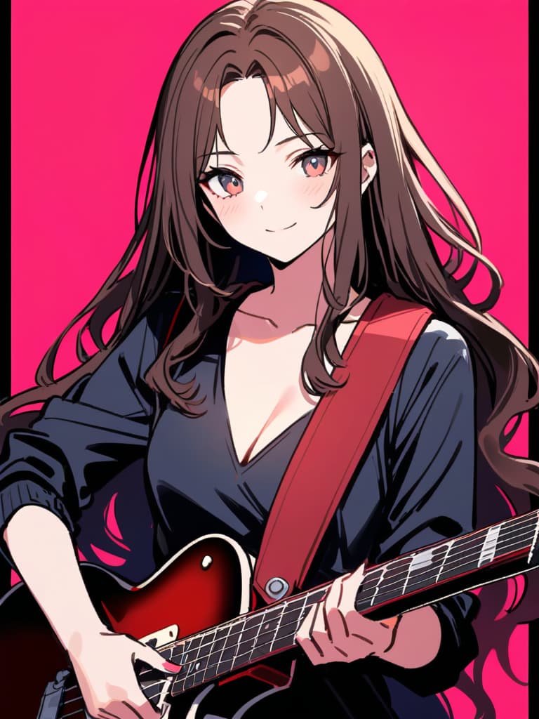  (beautiful girl:1.5){rock band girl:1.5}(brown hair:1.5)(long hair:1.7)(wavy hair:1.5)(with a electric guitar:1.7){red leather jacket:1.5}{smile}{play guitar happily:1.7} {upper body}{at live house} master piece,high quality,16k,super analysis,correct fingerposition,correct index