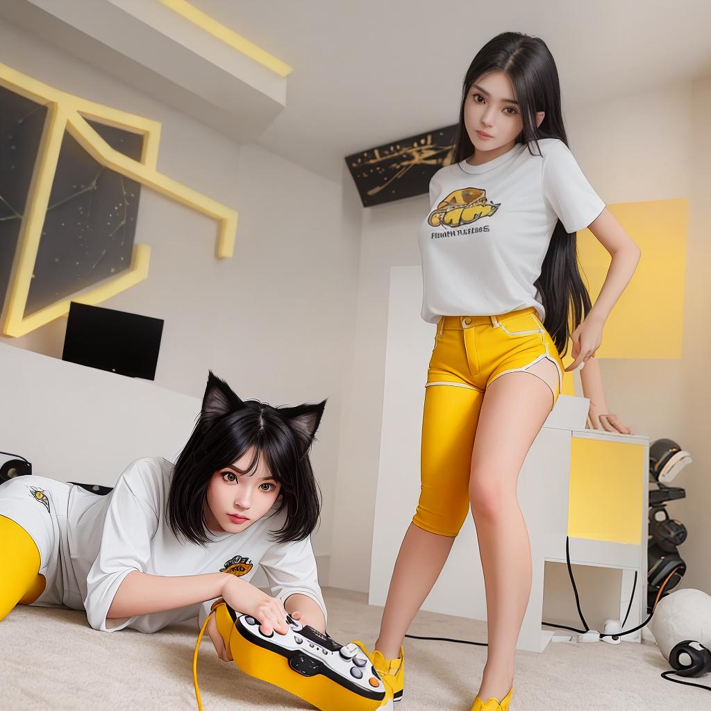  masterpiece, best quality, A very detailed photo of a cute young American with slightly cat-dyed hair with a gaze and black hair sitting in a comfortable room filled with gaming equipment such as controllers and consoles with dark lighting and yellow lights that fill the entireroom. The on the right side of the room. A with very white skin and a full body. The tried to lift her ocks. The is wearing a tight white shirt and very tight yellow hot pants. Her s look big and beautiful and stick out. Her look very beautiful and charming with a confident expression and naturally stylish dark hair. The lighting is warm, with orange and yellow glows surrounding the women, creating a soft