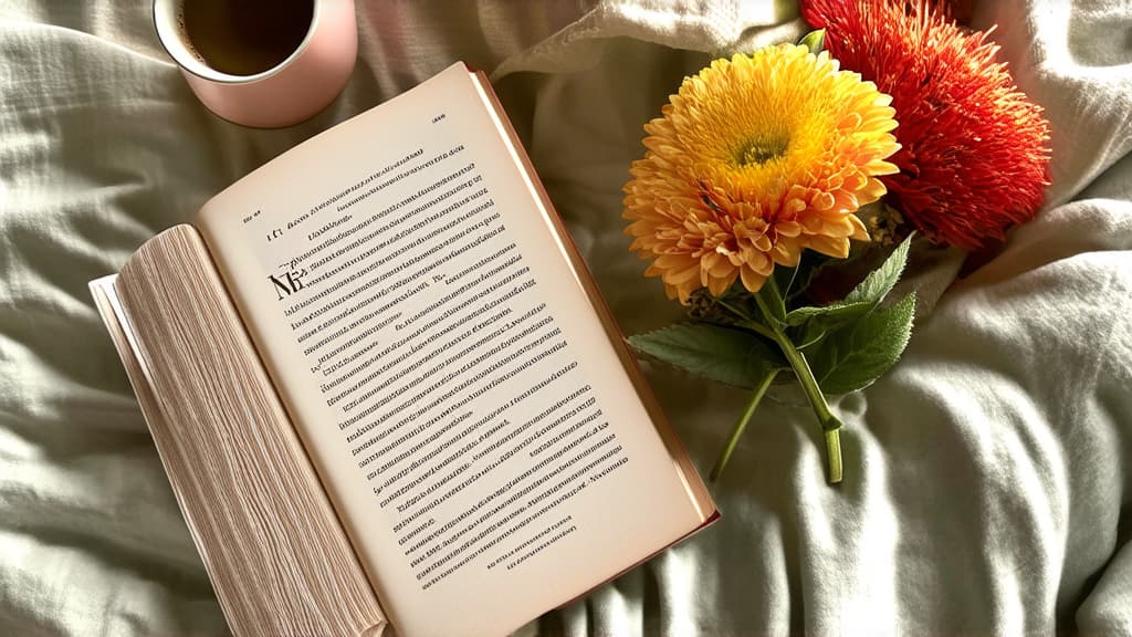  a cup of coffee and a book on a bed, flowers around, avatar image, fan favorite, profile picture, golden linings, profile pic, poetry, wonderful compositions ar 16:9 {prompt}, maximum details