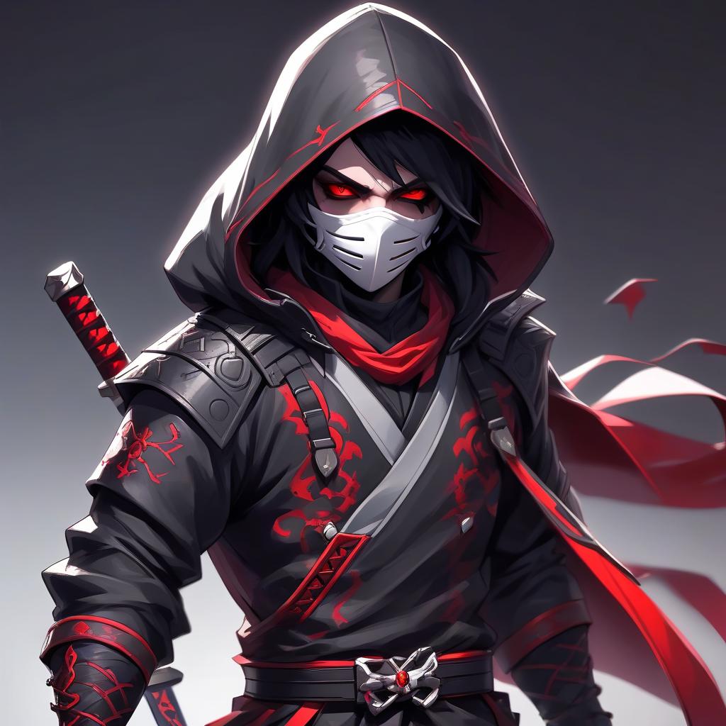  role playing game (rpg) style fantasy vampire, black hair, hair cover the left eye, white and red ninja suit, put on a hood, put a mask on the lower part of the face, two short katanas on the back, in full height, art style . detailed, vibrant, immersive, reminiscent of high fantasy rpg games