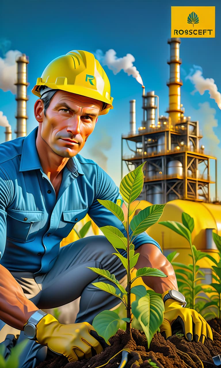  expressionist a man of 30 with a cute face of years in a yellow helmet and gray form of rosneft sits and plants a tree against the background of an oil refinery blue clear sky . raw, emotional, dynamic, distortion for emotional effect, vibrant, use of unusual colors, detailed hyperrealistic, full body, detailed clothing, highly detailed, cinematic lighting, stunningly beautiful, intricate, sharp focus, f/1. 8, 85mm, (centered image composition), (professionally color graded), ((bright soft diffused light)), volumetric fog, trending on instagram, trending on tumblr, HDR 4K, 8K