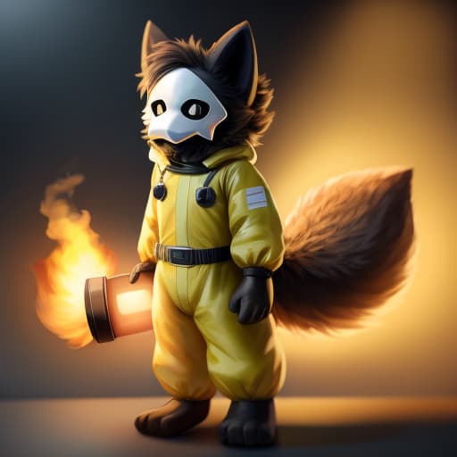  Puro, Hazmat suit, fluffy tail, holding a Flamethorwer, fluffy tail, big tail, cute, injuredfluffy body, brown fur, open eyes, digital art, masterpiece, 4k, fine details,