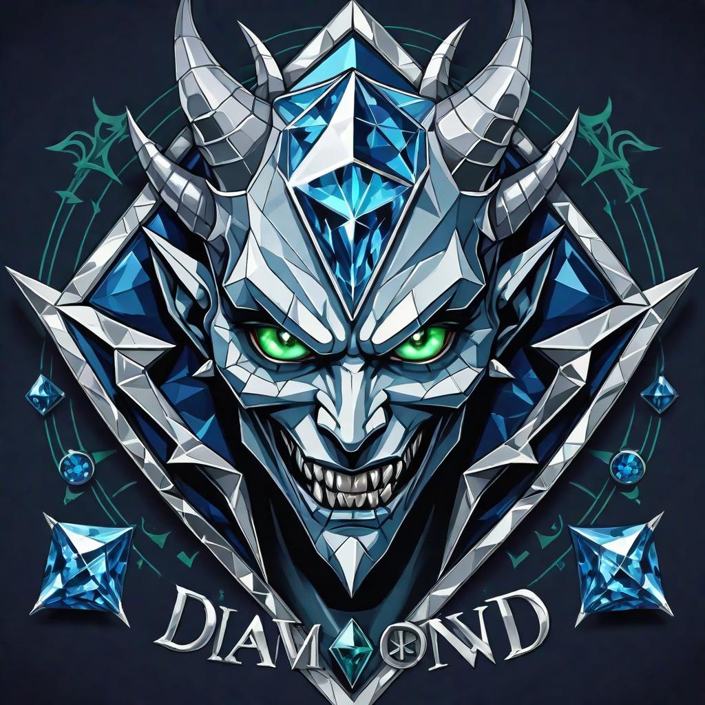  diamond devil, portrait. dark green eyes, man. kind. hair gray. with fangs and horns. colors blue, blue, silver