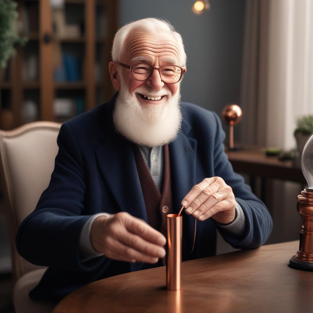  elegant, upper class senior citizen with a white beard sitting by a table smiling and holding feel flux flux original copper tube and a magnet ball