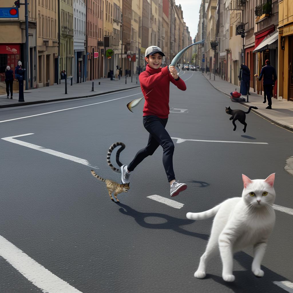  masterpiece, best quality, a cat holding a fish. he is running through the street.