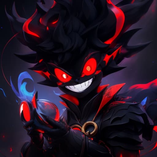  a black and red demon with glowing eyes, fantasy art smug smile man, an anthropomorphic blue hedgehog, large black smile, 2 0 1 9 anime, aliased, leblanc, nekro, celestial asthetics, bard, super detailed image, magical shiny skin, mischievous, lux, 8 h, in hyperrealistic, full body, detailed clothing, highly detailed, cinematic lighting, stunningly beautiful, intricate, sharp focus, f/1. 8, 85mm, (centered image composition), (professionally color graded), ((bright soft diffused light)), volumetric fog, trending on instagram, trending on tumblr, HDR 4K, 8K