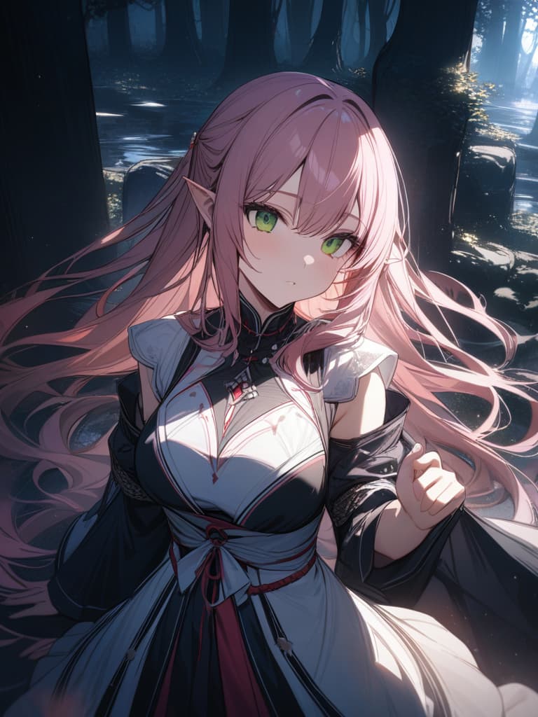  chemo ears, hanging ears, around night forests, green eyes, pink hair, super long long hair, black shrine maiden clothes, drill hair, crows are parked on the back of your hand., masterpiece, best quality,8k,ultra detailed,high resolution,an extremely delicate and beautiful,hyper detail