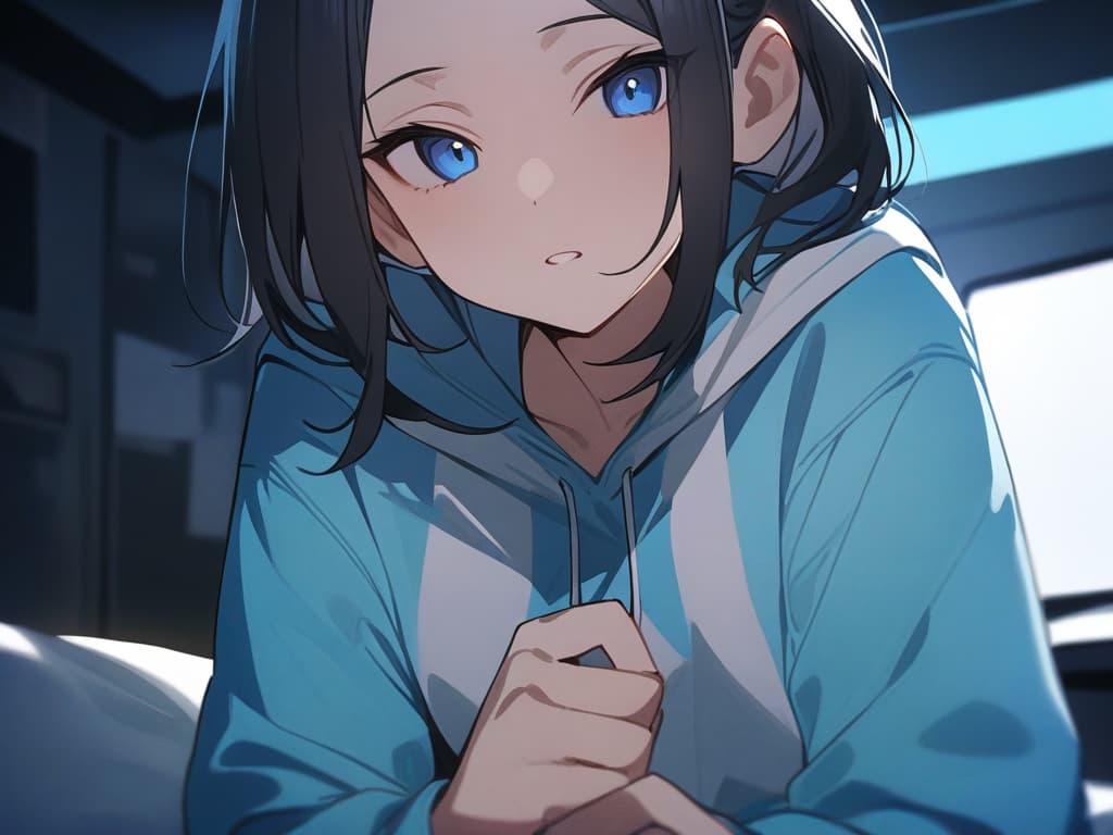  masterpiece, highest image quality, one man, black hair, blue eyes, light blue hooded hoodie,