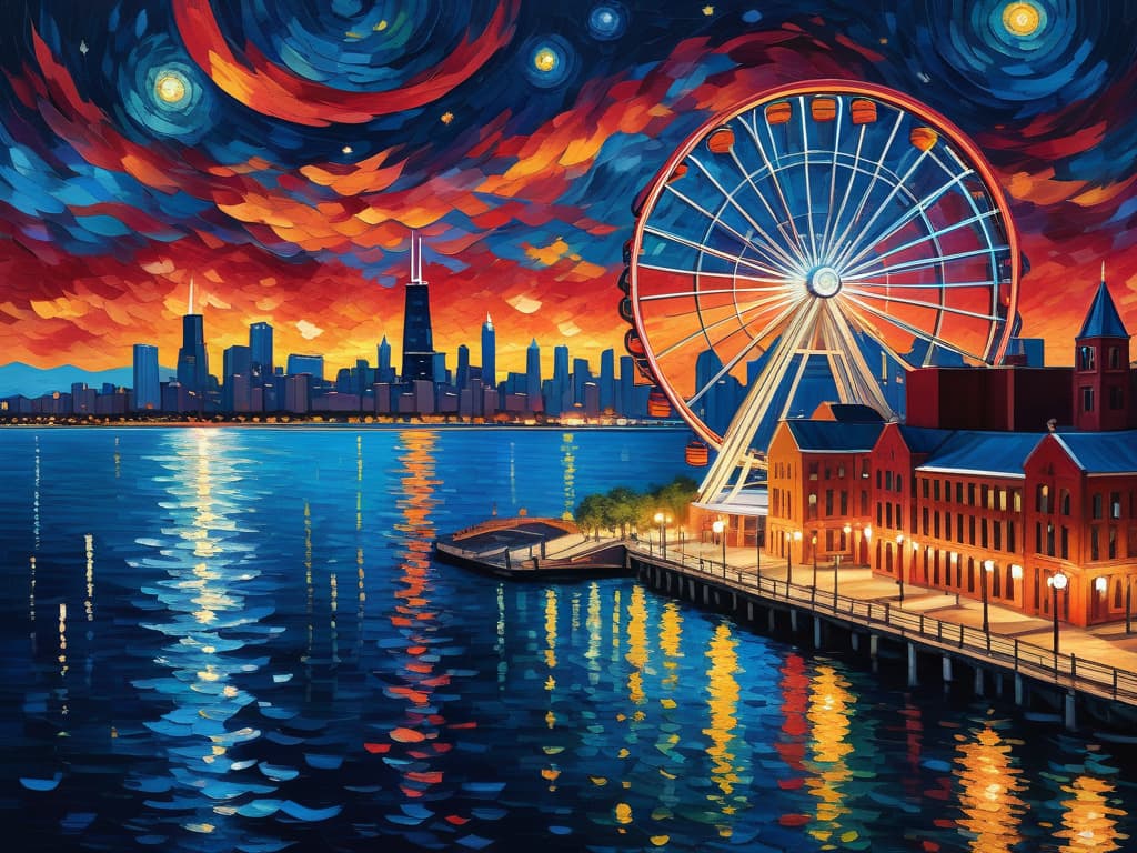  concept art chicago’s centennial ferris wheel, chicago’s navy pier, van gogh's starry starry night with colorful red and orange swirls in the beautiful night sky, chicago skyline with colorful van gogh swirls in the sky, hyper realistic, chicago skyline, mesmerizing, intricate details, flambient golden and red sunrise, dramatic lighting, epic composition, wide angle, cinematic, masterpiece, high resolution, sharp details, best quality, 4k, raw photo, van gogh influence, studio lighting, impressionist, bold colors, starry sky, architectural elements, medium format lens, high angle, cityscape, city life, metropolitan, van gogh's brushstrokes, van gogh's shadows, van gogh's colors, van gogh's textures, nighttime, city scene, streets, night