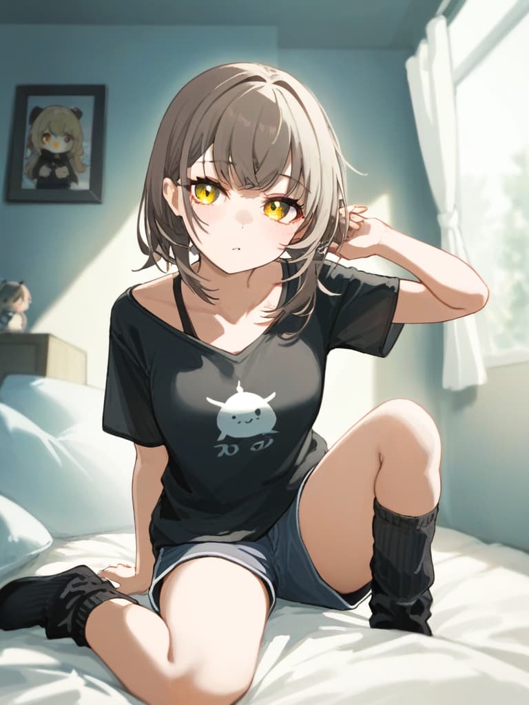  (loose socks: 1.3), selfie shot, silverbeige hair, yellow eyes, black t shirt, shorts, best quality, masterpiece, (from front: 1.2),