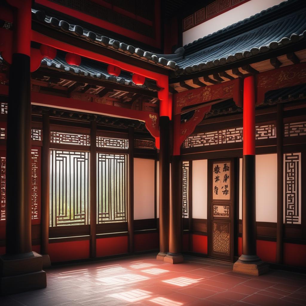  traditional chinese architecture hyperrealistic, full body, detailed clothing, highly detailed, cinematic lighting, stunningly beautiful, intricate, sharp focus, f/1. 8, 85mm, (centered image composition), (professionally color graded), ((bright soft diffused light)), volumetric fog, trending on instagram, trending on tumblr, HDR 4K, 8K