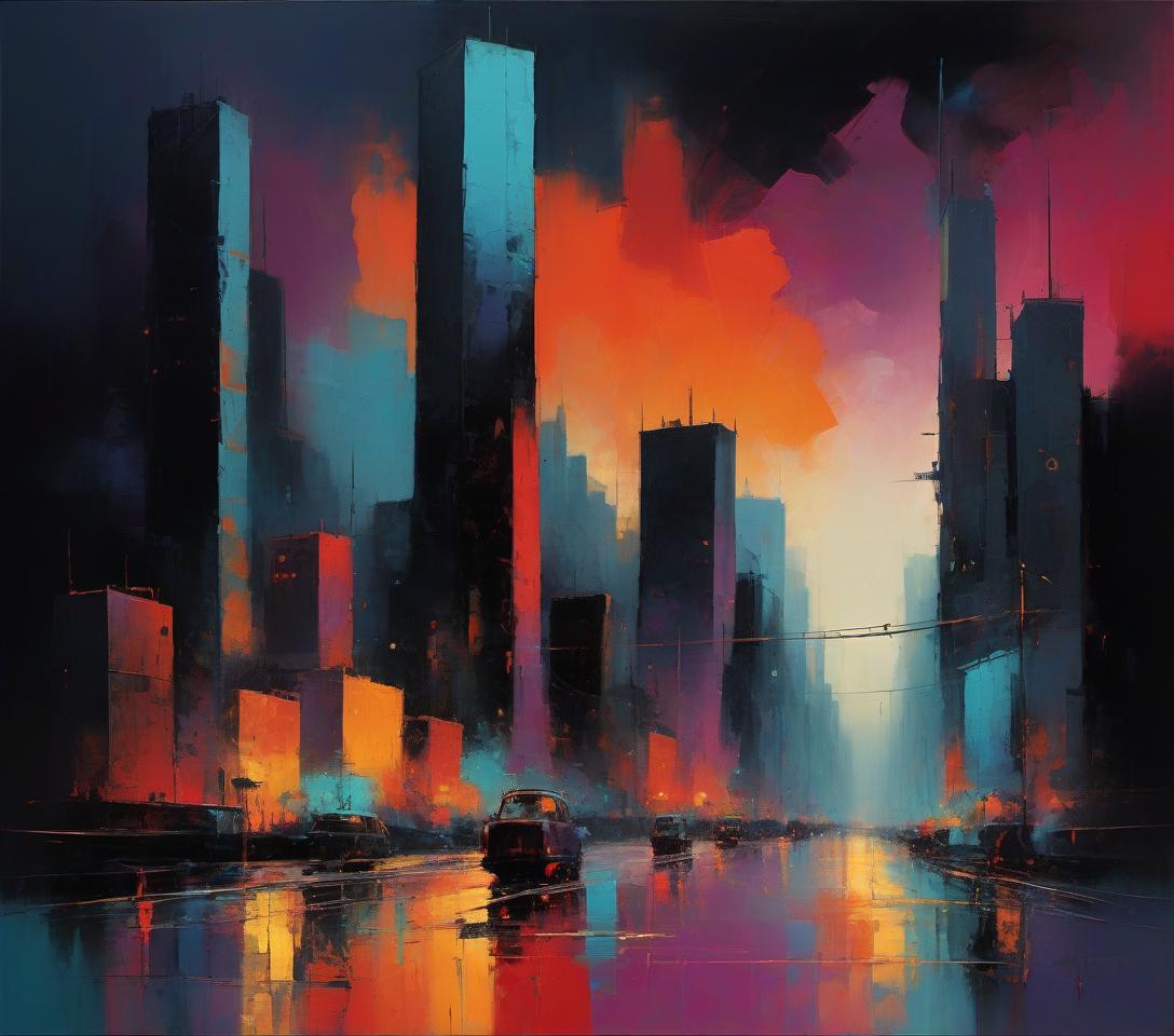  lit metropolis in darkness, style of rufino tamayo, style of peter wileman, vibrant, messy, exuberant