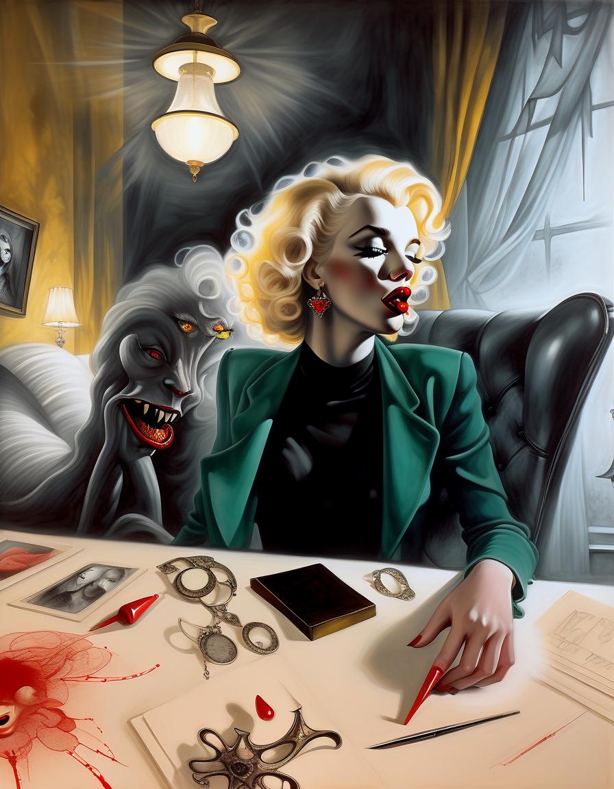  a stylized monochrome portrait of a woman with iconic blonde curls, red lipstick, and striking earrings, against a black background. marilyn monroe licking her lips. dark ethereal surreal horror art, dark surrealism, cubism, hyperdetailed, 8k, acrylic art, ink drawing, alcohol ink, white, red and yellow and black, extremely detailed, crisp quality, award winning. style of stephen gammell, jean baptiste monge, luis royo, tom bagshaw, pino daeni,