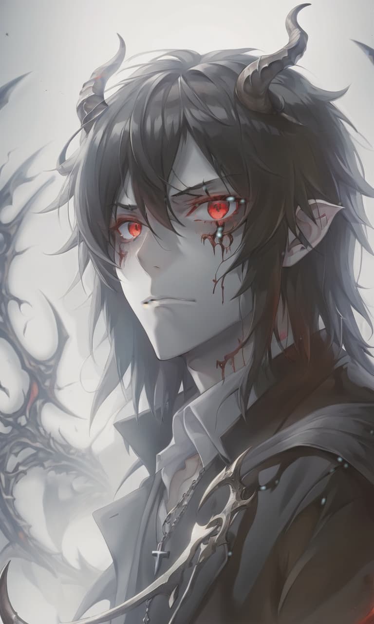  anime artwork man demon, white skin, blood red eyes, black hair, white horns, black clothes . anime style, key visual, vibrant, studio anime, highly detailed