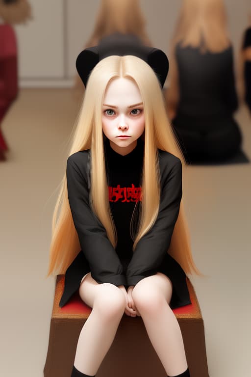   in a black in red peas, blond long hair, medium sized s, sitting position