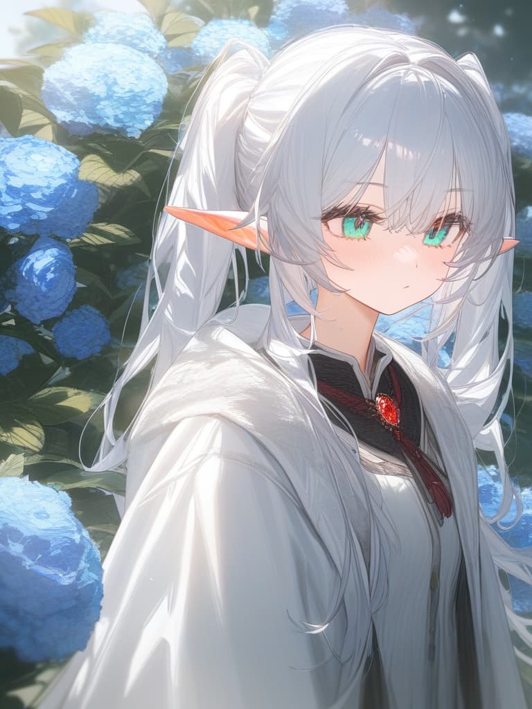  white hair, twin tails, elf, white robe, red jewel magic cane, blue green eyes, light blue flowers, masterpiece, best quality,8k,ultra detailed,high resolution,an extremely delicate and beautiful,hyper detail