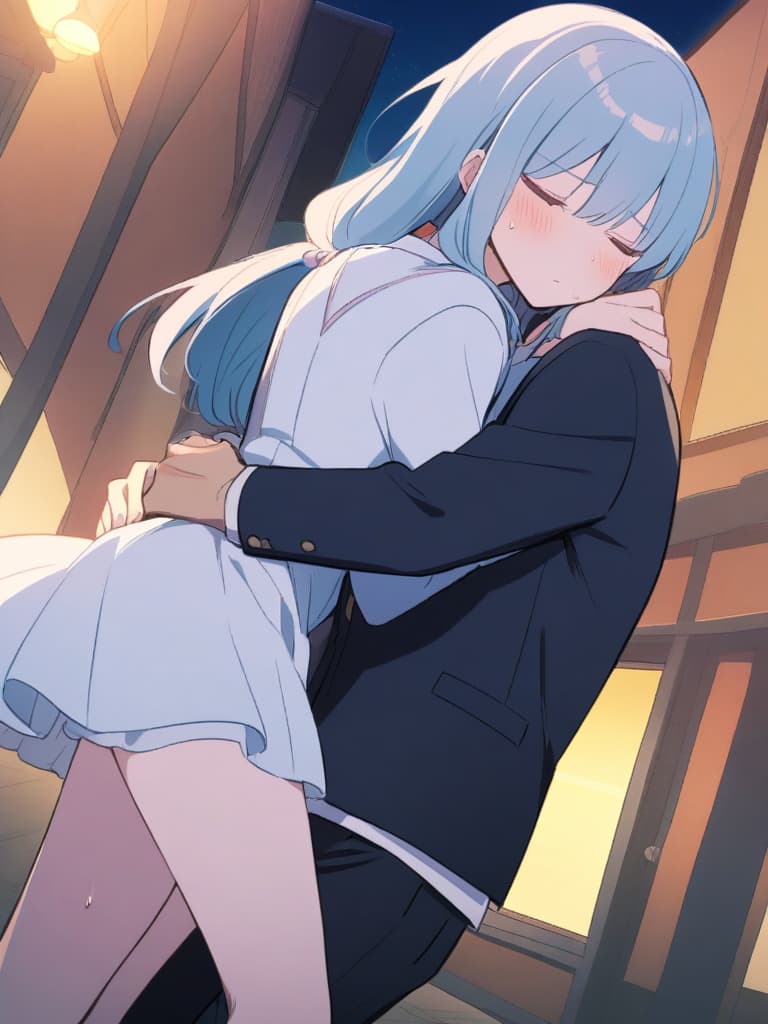  angle from behind,anime style,very detailed,shoujo manga,light blue period,male/female couple,woman facing man and hugging him from front,hugging him by arms and legs,pinning him with her legs,man walking around town with woman in his arms,woman very shyshe is very shy,eyes tightly closed,supright straddle