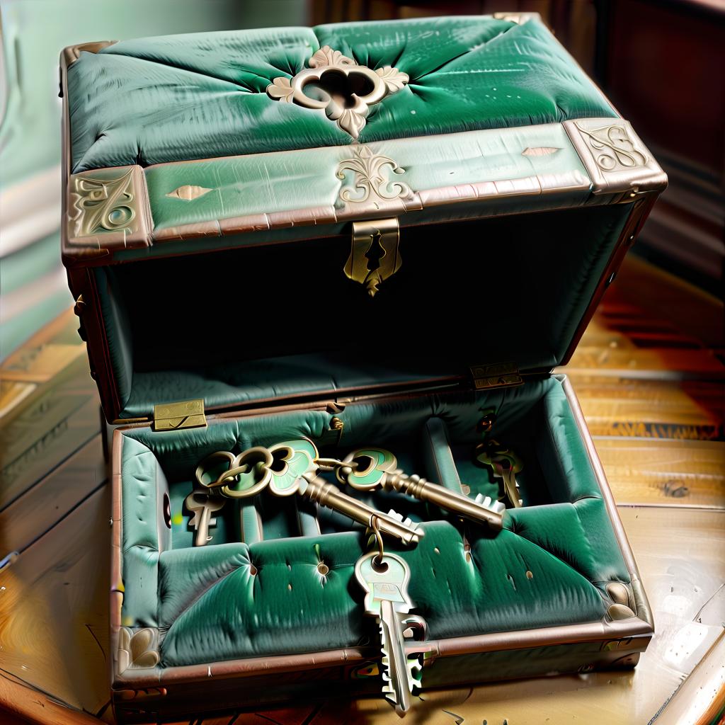  i look into a large, open, antique box with keys located exactly in front of my face, upholstered inside with green velvet, civitai