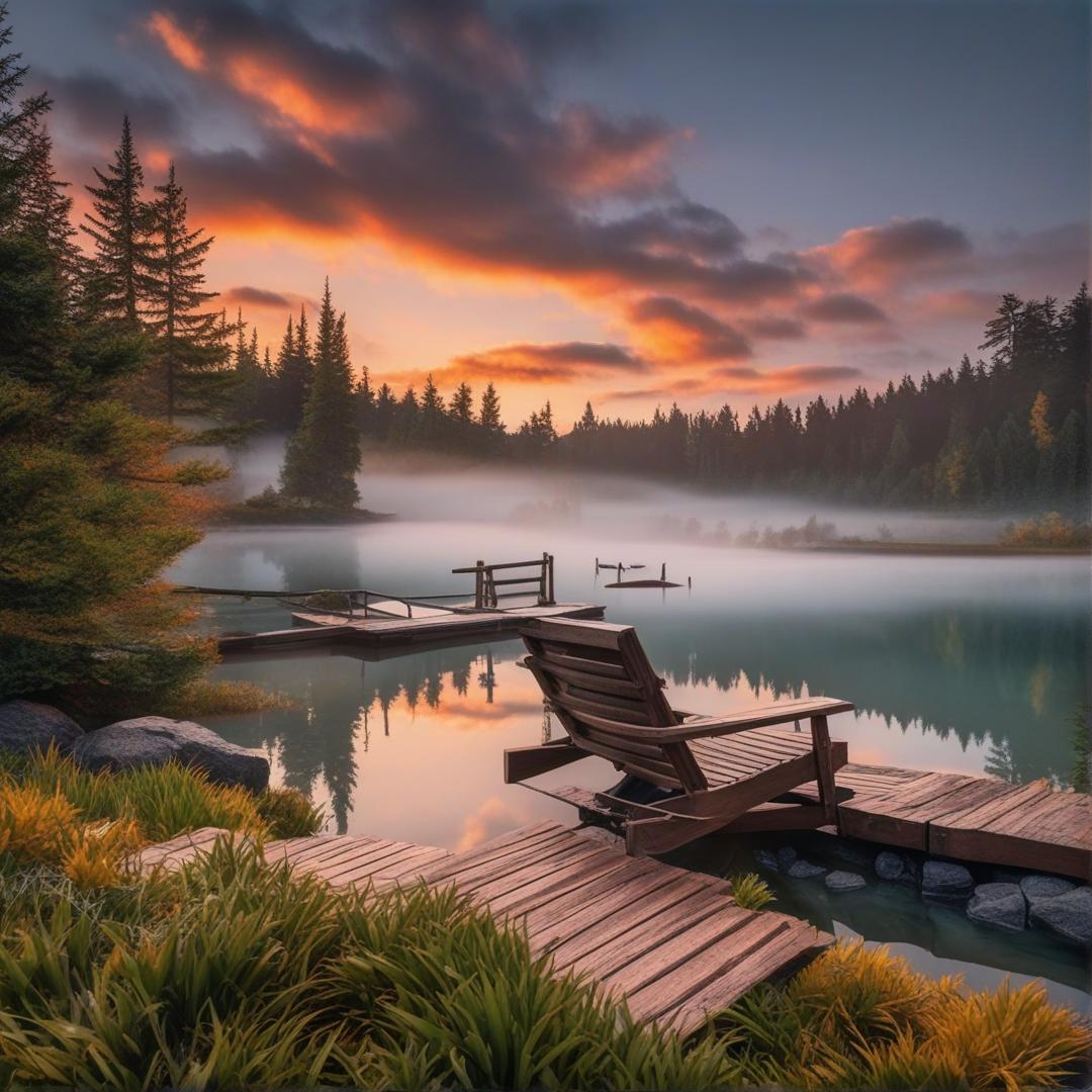  A serene landscape with a tranquil lake reflecting the sky at sunset, surrounded by lush greenery and a solitary bench inviting contemplation. digital art, ilustration, law, stock photo hyperrealistic, full body, detailed clothing, highly detailed, cinematic lighting, stunningly beautiful, intricate, sharp focus, f/1. 8, 85mm, (centered image composition), (professionally color graded), ((bright soft diffused light)), volumetric fog, trending on instagram, trending on tumblr, HDR 4K, 8K