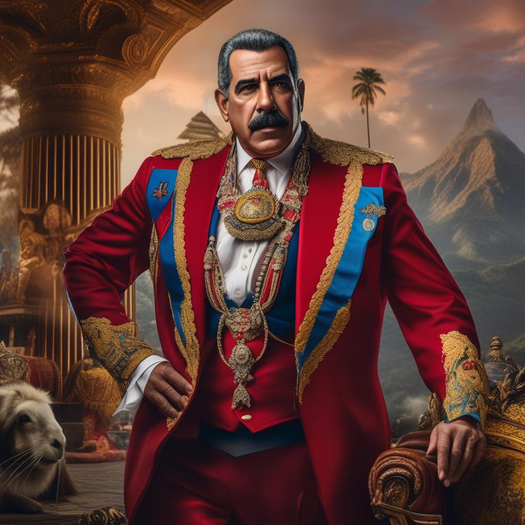  el presidente de venezuela con cara de burro y expresión de payaso burlón hyperrealistic, full body, detailed clothing, highly detailed, cinematic lighting, stunningly beautiful, intricate, sharp focus, f/1. 8, 85mm, (centered image composition), (professionally color graded), ((bright soft diffused light)), volumetric fog, trending on instagram, trending on tumblr, HDR 4K, 8K