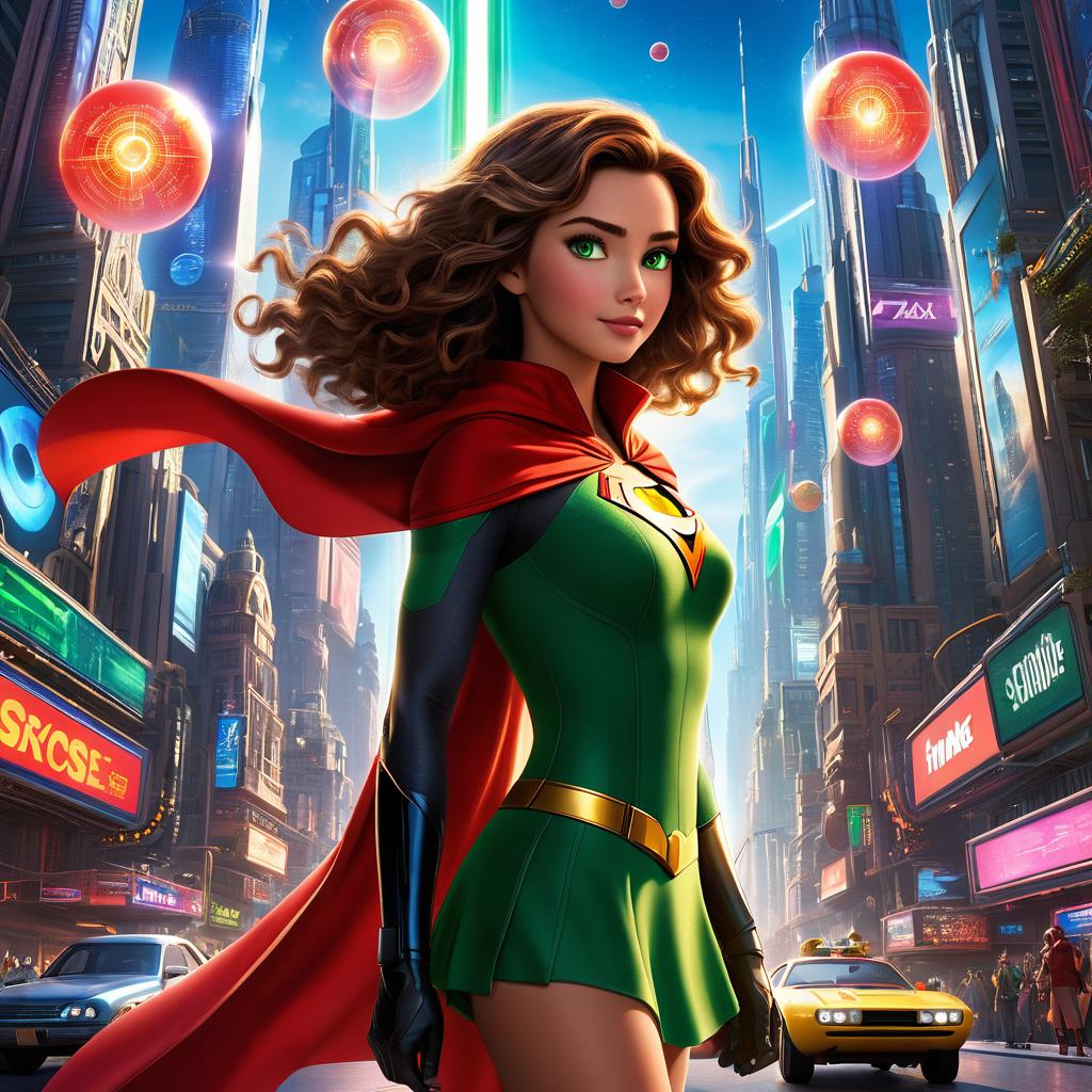  in 3d animated movie style. disney pixar style. {"subject description":"sophia, with long curly brown hair and bright green eyes, wearing a red superhero cape fluttering in the wind, apollo, a middle aged scientist with grey hair and gles, holding a glowing orb with intricate patterns","environment description":"in a bustling futuristic city with towering skyscrs and flying cars zooming by, a sense of advancement and innovation in the air","art style":"high resolution futuristic anime style with sleek designs","color and light":"neon lights ing the scene in a vint glow, casting dynamic shadows","camera angle and composition":"focused on sophia's expression of determination as she glances at the soaring skyscra