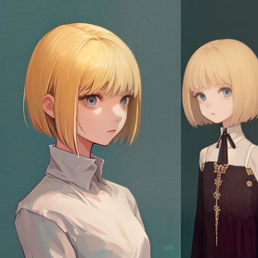  a girl with blonde hair and a short haircut, with her head turned