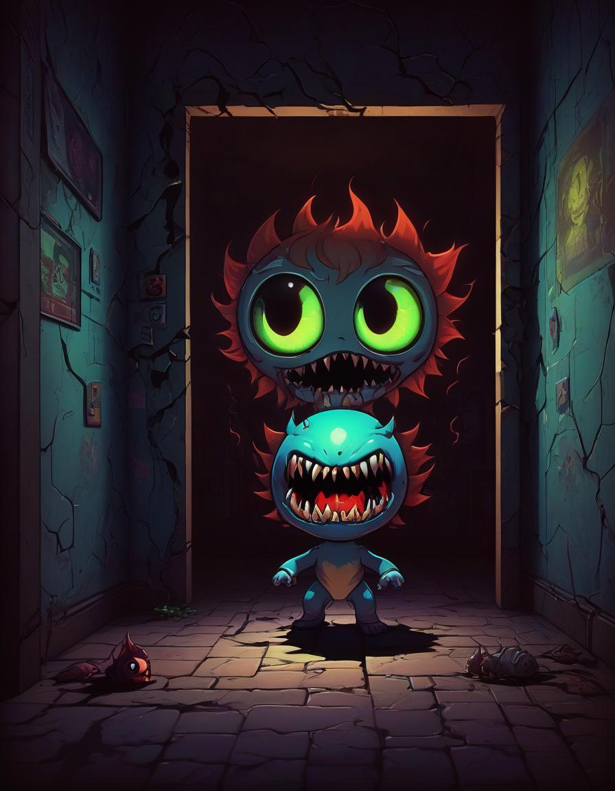  retro game art in a narrow room on one of the walls there is a large crack, a scary creature with sharp fangs venom: 1.3)) with glowing eyes looks out of the crack)). down on the floor stands a tiny chibi doll with big eyes, casting a long shadow, gloomy atmosphere . 16 bit, vibrant colors, pixelated, nostalgic, charming, fun