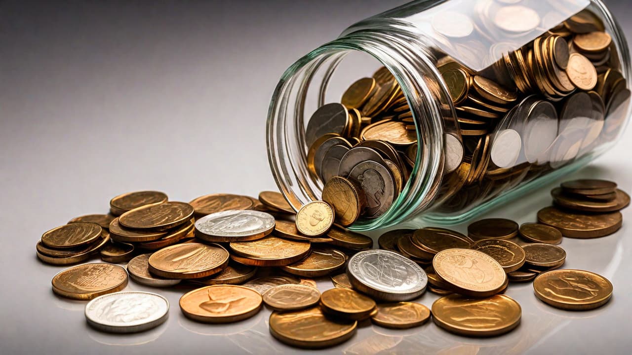  macro photography, a clear jar filled with coins, transforming into a glowing light, symbolizing financial freedom and enlightenment, close up, macro 100mm, macro photography