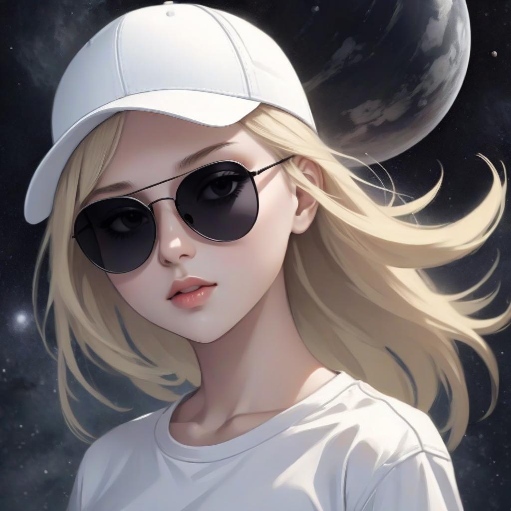  blonde girl in a white t shirt, dark sunglasses and a white cap, space