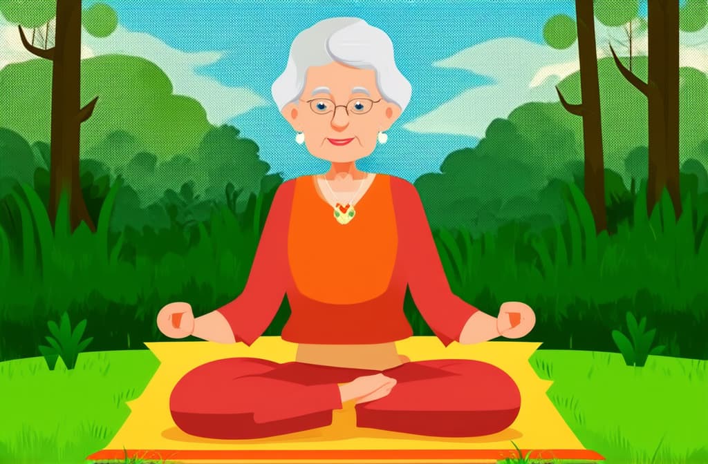  cute old lady sitting on a rug in nature and meditating. style flat illustration ar 3:2 {prompt}, maximum details