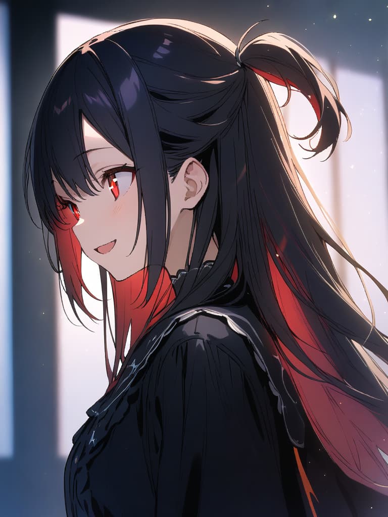  ultra detailed:1.2,masterpiece:1.2,best quality,masterpiece,bestquality,hdr:1.1,8k:1.1,very cute girl:1.3,((black hair,half up,long hair:1.9)),((two side up,twintail:1.4)),(red eyes,almond eyes:1.8),(cute smile:1.7),(harf open mouth:1.4),(upper body,from side:1.2)face focus:0.7,(black gothic lolita:1.6),looking away