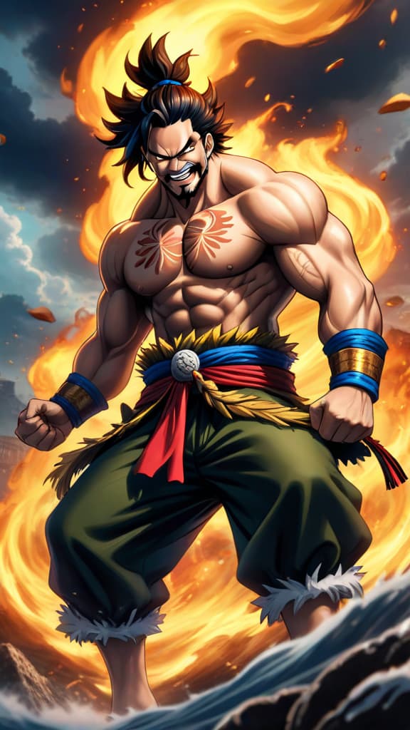  anime art prompt: kaido's alternate victory consider his tactical approach against luffy's indomitable spirit and allies. hyperrealistic, full body, detailed clothing, highly detailed, cinematic lighting, stunningly beautiful, intricate, sharp focus, f/1. 8, 85mm, (centered image composition), (professionally color graded), ((bright soft diffused light)), volumetric fog, trending on instagram, trending on tumblr, HDR 4K, 8K