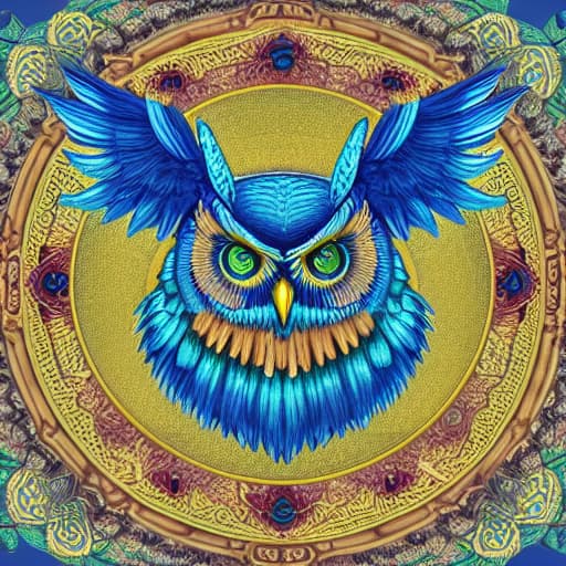  A blue owl with a gold circle and the word owl on it. hyperrealistic, full body, detailed clothing, highly detailed, cinematic lighting, stunningly beautiful, intricate, sharp focus, f/1. 8, 85mm, (centered image composition), (professionally color graded), ((bright soft diffused light)), volumetric fog, trending on instagram, trending on tumblr, HDR 4K, 8K