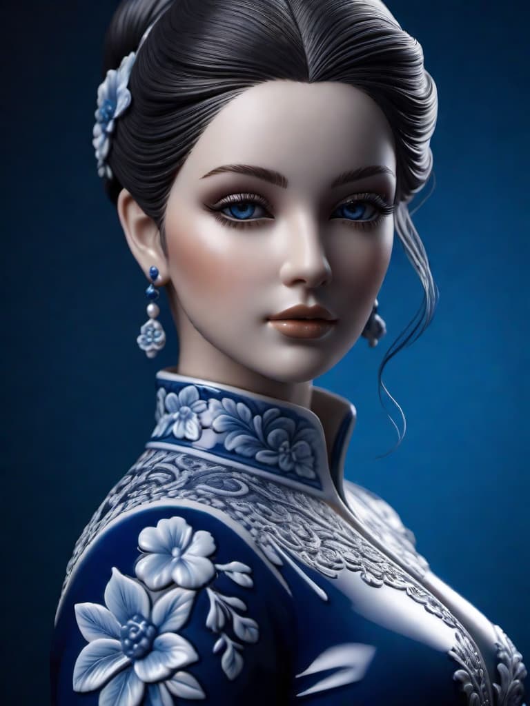  Close-up porcelain female figurine, looking to the camera, glossy surface, glaze, shiny, blue floral tattoos on her, dark gradient background, baroque dark style, hyperrealistic, CG society, intricate details