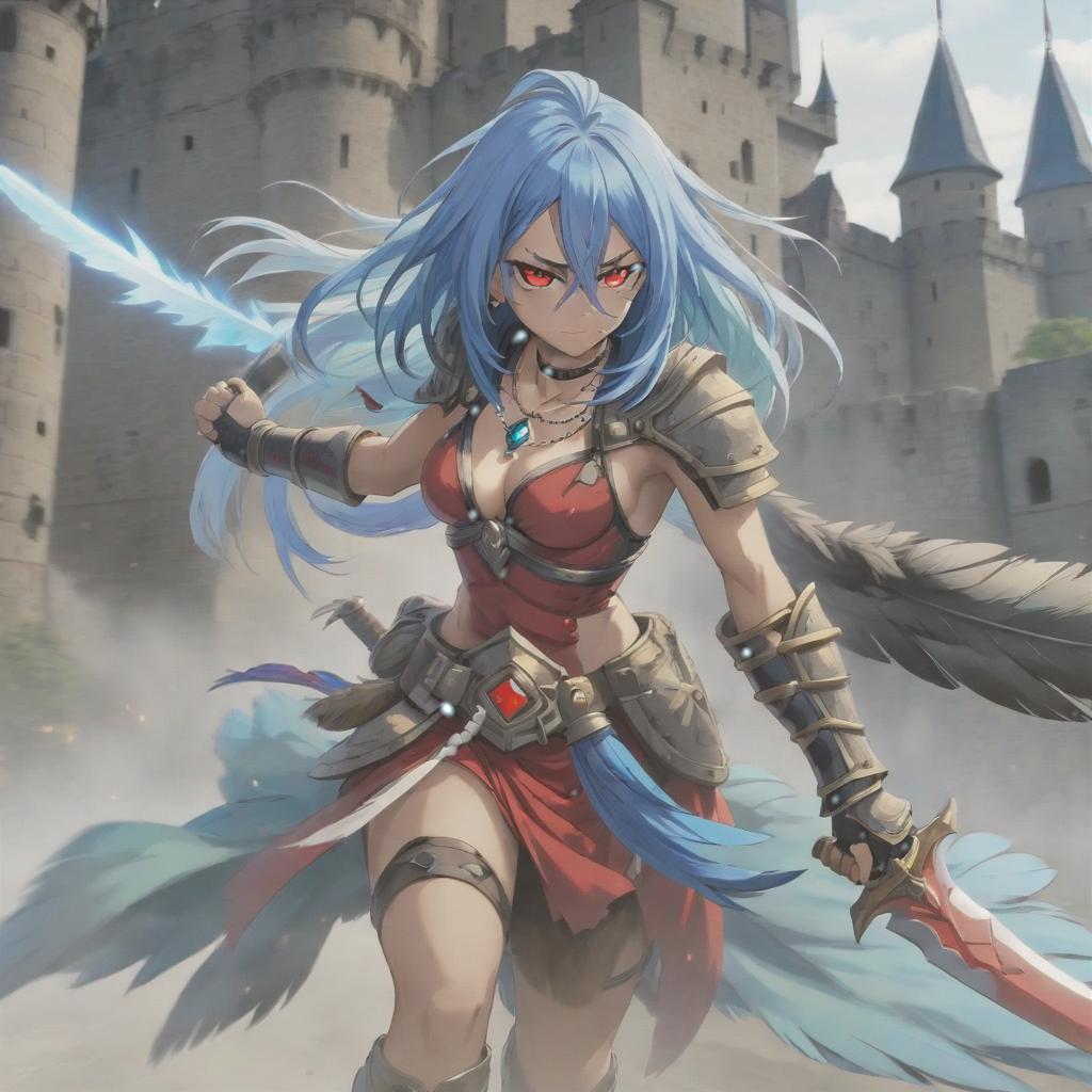  long exposure photo of portrait of strong rage amazonas warrior. red eye. long blue hair. tilting head down, lightgreen mantle, shoulder pad feather, accessory necklace with pearls on the forehead, against the background of the castle siege . blurred motion, streaks of light, surreal, dreamy, ghosting effect, highly detailed, sticker, hkmagic