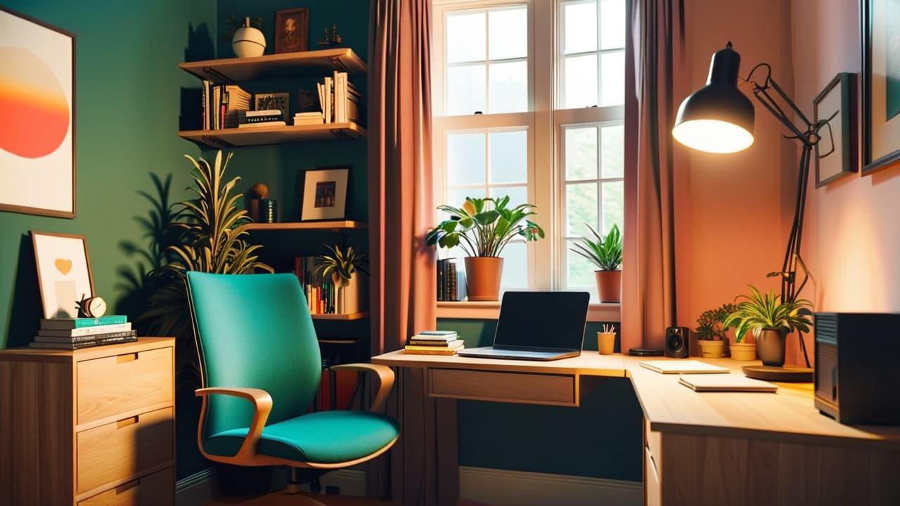  a serene small home office with a neatly organized desk, vibrant plants, a cozy armchair, warm lighting, and minimal clutter, showcasing a calming color palette and inspiring decor that promotes productivity and tranquility. hyperrealistic, full body, detailed clothing, highly detailed, cinematic lighting, stunningly beautiful, intricate, sharp focus, f/1. 8, 85mm, (centered image composition), (professionally color graded), ((bright soft diffused light)), volumetric fog, trending on instagram, trending on tumblr, HDR 4K, 8K