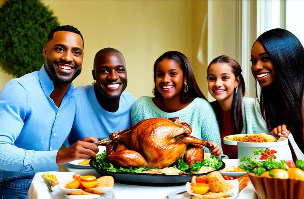  multiracial family smiling during family meal on thanksgiving in dining room, roast turkey on table, european, asian, african nationalities family ar 3:2 {prompt}, maximum details