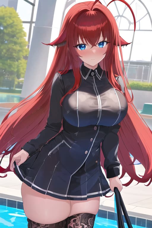  ,,blushing,g cup,,masterpiece, best quality, 1women, long red hair, looking at viewer, :3, cute, black uniform, outdoors, streets, cow shot, curvy, (((blue eyes))), rias gremory, red hair, antenna hair, wavy hair, ((beautiful detailed eyes, beautiful detailed glow, lots of glow)), anime screencap,women at pool, compeion , black , masterpiece, best quality, high quality, solo