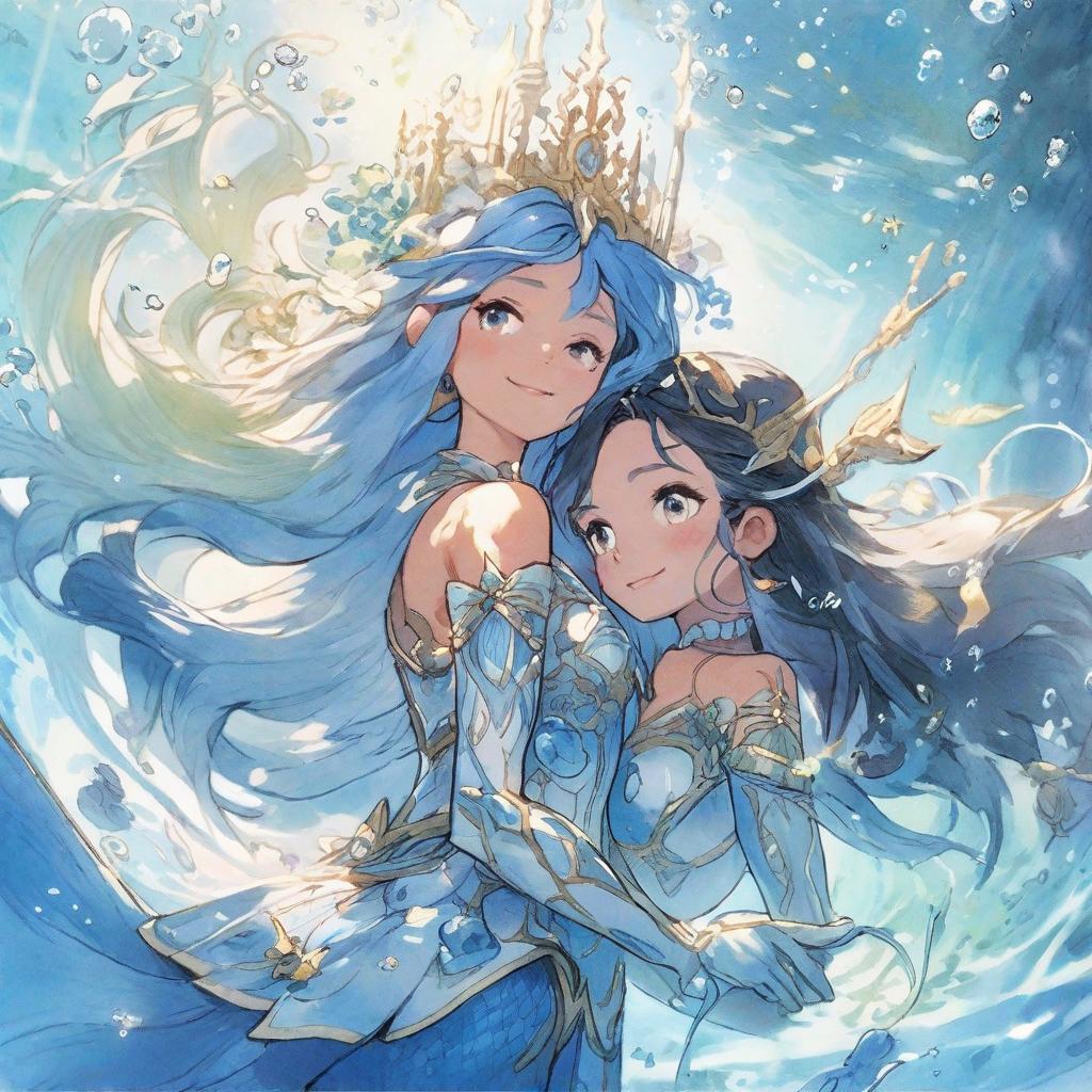  "in the mysterious intersection of time and space, genshin impact's water goddess funina and honor of kings' auxiliary hero doria met unexpectedly. they were in a dreamlike space, surrounded by a wonderful fusion of water elements and marine creatures. funina was dressed in gorgeous blue clothes, holding a one handed sword, with curiosity and majesty in her eyes. doria floated gracefully beside her in the form of a mermaid, and her singing seemed to travel through time and space, communicating silently with funina. although the two characters came from different worlds, at this moment, they jointly protected this dreamland, showing cross border friendship and strength.