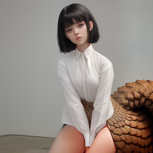  girl, black hair, haircut, white shirt, pangolin tail