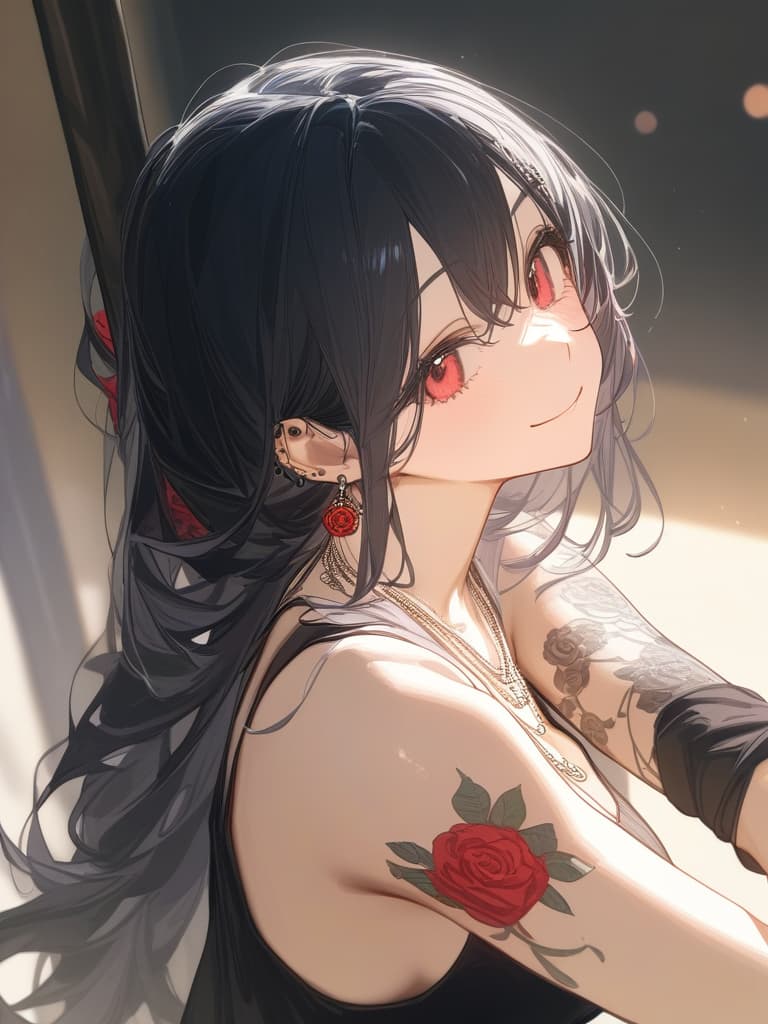  long hair, black hair, hair tips are pink, red eyes, hanging, bangs, and length of bangs, adults, adult faces, piercings, necklaces, hair are light pink and black, thin makeup on the arm. there is a rose tattoo, a rose tattoo on your arm, smiling, masterpiece, best quality,8k,ultra detailed,high resolution,an extremely delicate and beautiful,hyper detail