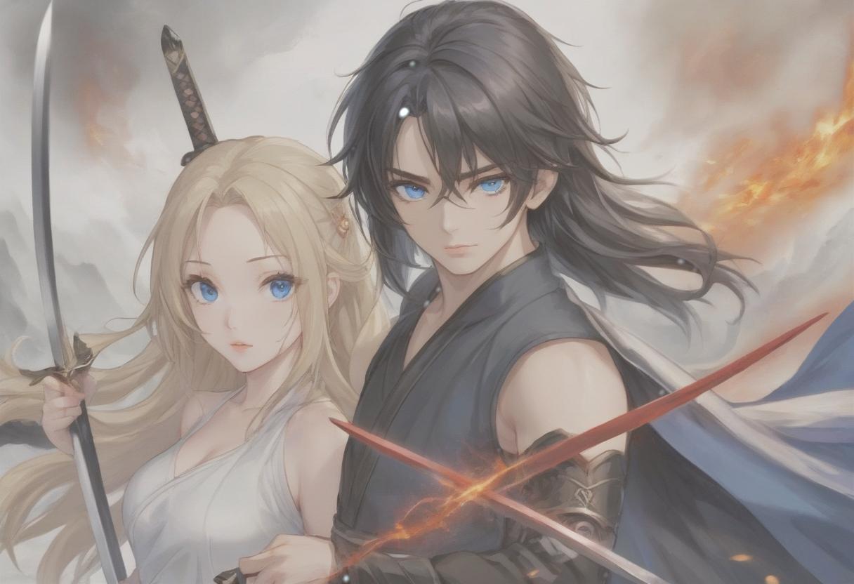  breathtaking realistic photo, two people, a character from the novel “system save yourself for the main hero”, lo binghe, a young man in black with an unassuming long sword behind his back. long black hair to the waist, red eyes, demonic mark on the forehead, next to him a girl blonde, blonde hair to the shoulder blades, european type of face, light skin, blue eyes, plump lips, a small tummy at the bottom of the waist, . award winning, professional, highly detailed, hkmagic