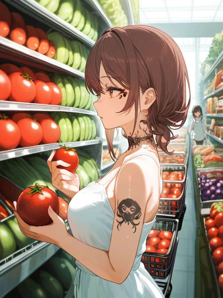  with tomatoes, blond ponytails, white headphones, heart tattoo on their arms, girls wearing white dress dresses, shopping carts, shopping carts, gestures, shopping cart containing eggplant and celery, the upper arm. tattooing, spider web on the neck, headphones, black tattoos, heart shaped tattoo on arms, white headphones, brighter hands, black tattoo, two heart tattoos on the cheeks., masterpiece, best quality,8k,ultra detailed,high resolution,an extremely delicate and beautiful,hyper detail