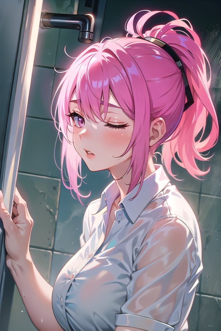  r 18, , middle , pink haired ,ponytail,large eyes,A woman, alone in a steamy shower, stands with eyes closed, savoring the warm water. She wears a , sheer white shirt and a shower cap, accentuating her sensual figure. Her face tilts up, lips parted. The camera captures her from the side, showcasing the streaming water and rising steam.
