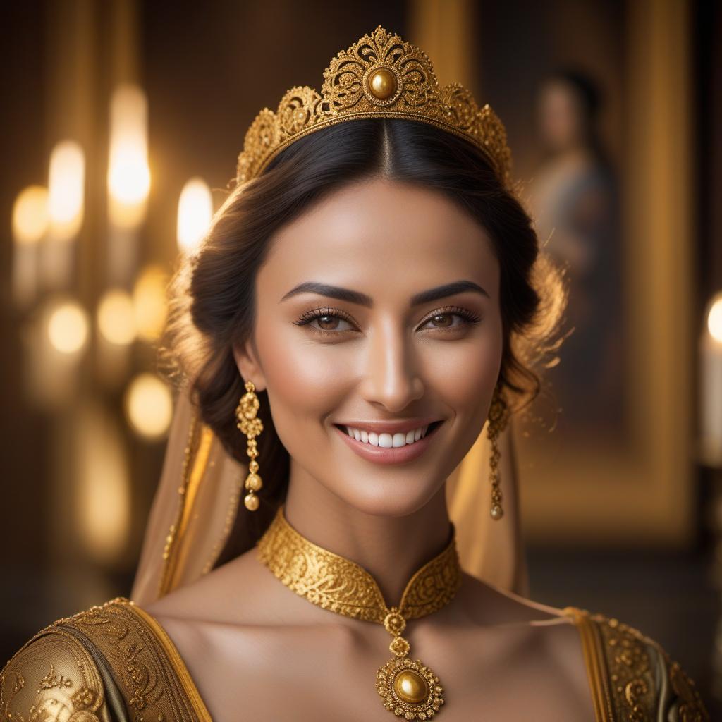  a close up portrait of a person smiling, with the background blurred and soft lighting, using the style of a renaissance painting, with a golden halo around the person's head. the person should be wearing simple clothing and have a kind expression on their face. the image should have a warm and inviting feel. . real photo, taken from sony a73 camera hyperrealistic, full body, detailed clothing, highly detailed, cinematic lighting, stunningly beautiful, intricate, sharp focus, f/1. 8, 85mm, (centered image composition), (professionally color graded), ((bright soft diffused light)), volumetric fog, trending on instagram, trending on tumblr, HDR 4K, 8K