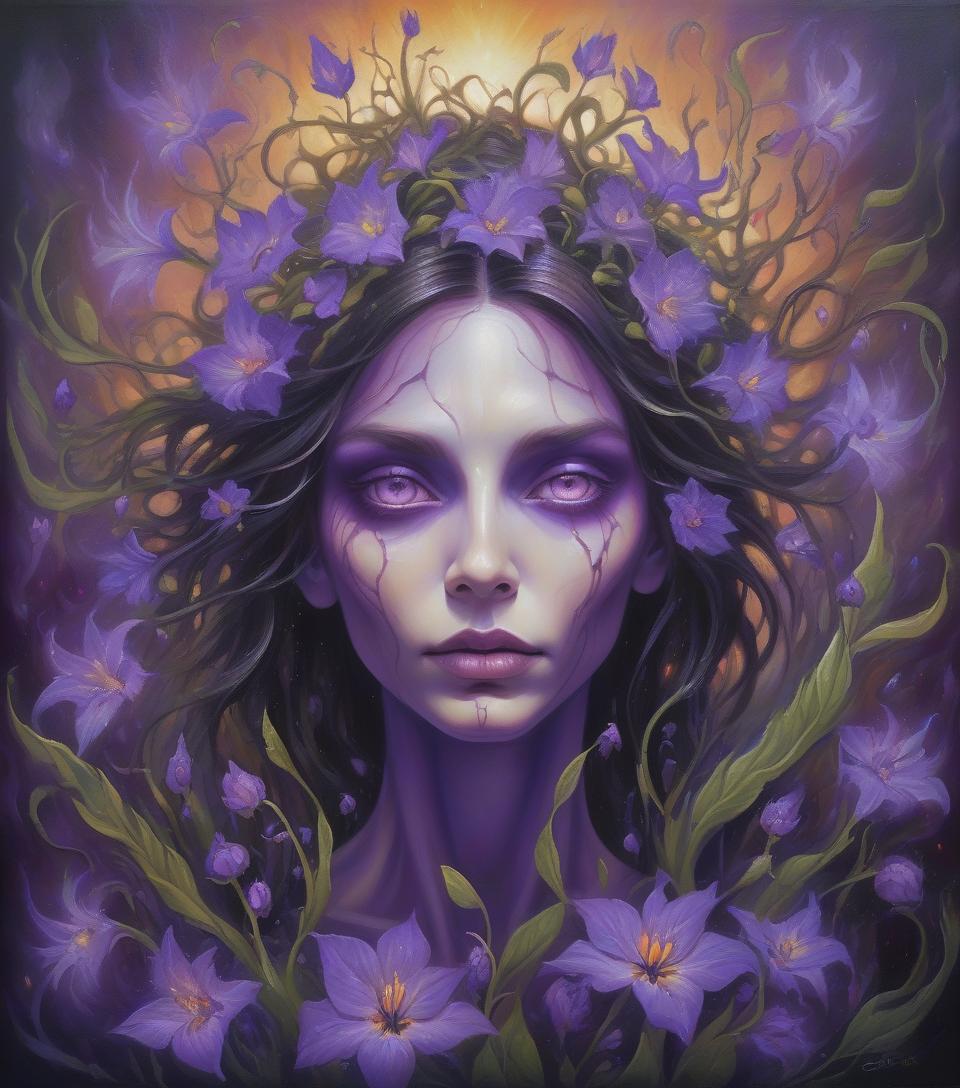  beautiful hybrid woman with purple flowers sprouting from her, oil painting,ethereal glow, dark and mysterious, high quality, vibrant colors, surreal, haunting, intricate floral details, intense gaze, mystical atmosphere, oil painting, demon, hybrid, fiery eyes, ethereal, vibrant colors, surreal, haunting, floral details, intense gaze, mystical atmosphere